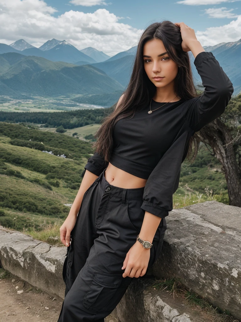 Age: 18-20 years
Hair: Long, black, straight
Eyes: Big, brown
Outfit: black top and cargo pant
Accessories: Wearing a black watch on her hand
Pose: enjoy
Background: Beautiful mountain scenery