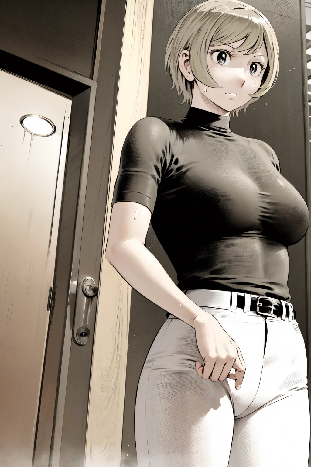 、(masterpiece、Highest quality)、Highest quality, Ultra-high resolution, (((masterpiece))), alone, Sweat、Big eyes,Tight black shirt、Tight white pants、belt、indoor、Composition from the front、（Cut the back hair short、short hair、blonde、woman）、Shortcuts、Embarrassed face、Cut your hair short、可愛いwomanの子、Big Breasts、office