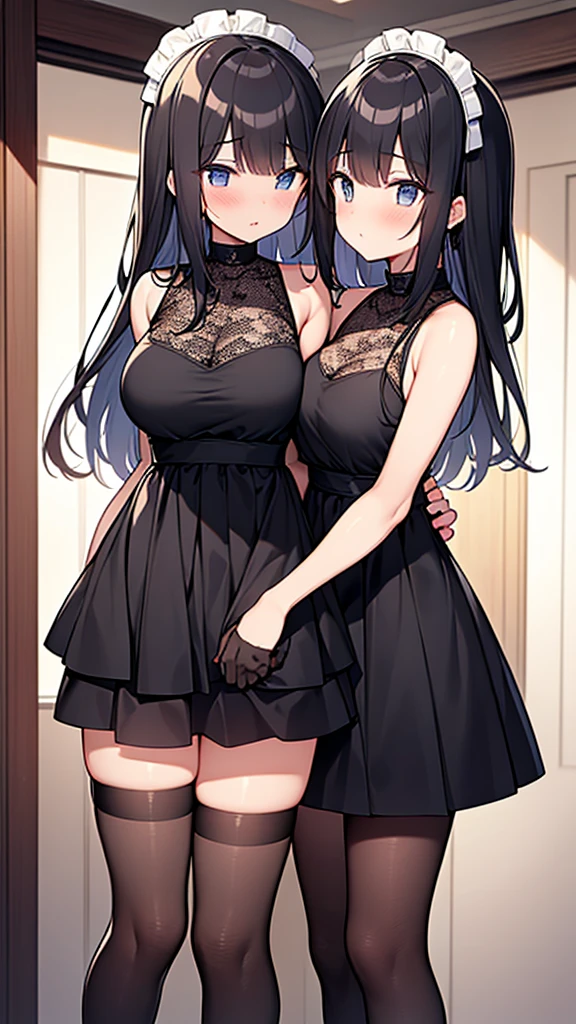 ((masterpiece)), (Highest quality、32k), (Simple style), (Faceless,Face peeling), 2 Girls, A maid with the ability to peel faces and a faceless princess, Big Breasts, Big Swing Chest, Wearing a face stolen from someone else, Sexy body, Sleeveless, No sleeve, Off the shoulder, Black Dress, Pleated lace, Lace dress, black knee socks. Standing, whole body, both hands touch the face, Luxurious Room, {{A maid who stole the princess's face by making it look blank.}}, Browsing Caution, NSFW