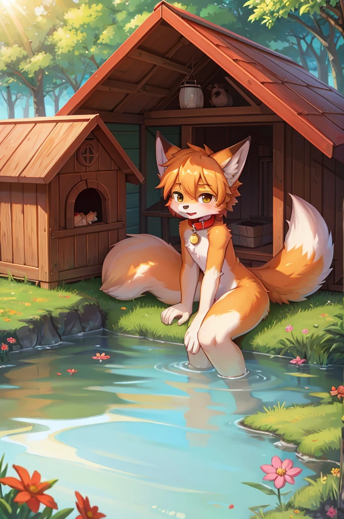 fox boy,Living in a doghouse,4Khigh resolution,high resolution, One person,It's bright outside,sunny,Wearing a red collar,