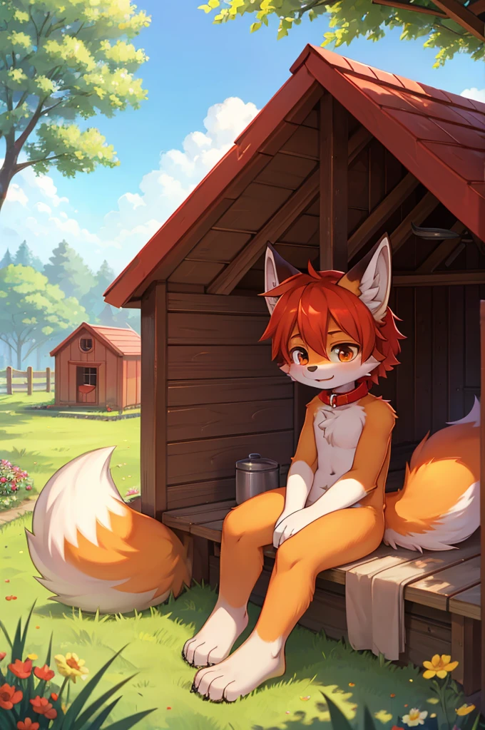 fox boy,Living in a doghouse,4Khigh resolution,high resolution, One person,It's bright outside,sunny,Wearing a red collar,