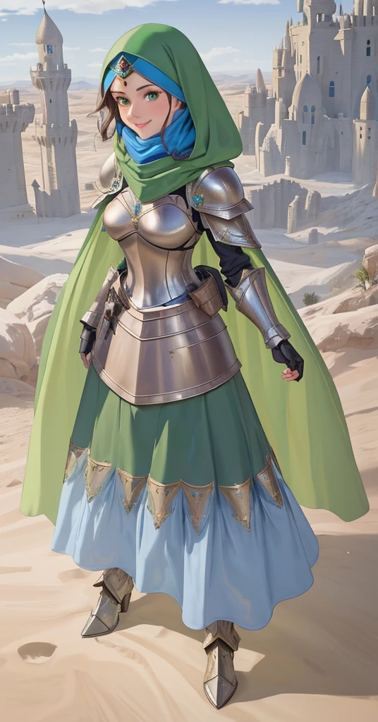 masterpiece, best quality:1.2), 1girl, smile, looking at viewer, green eyes, short brown hair, princess, armor, blue hijab headscarf, pauldrons, armored dress, green cloak cape, wearing puffy blue ballgown skirt, armored boots, fingerless gloves, standing in front of desert castle