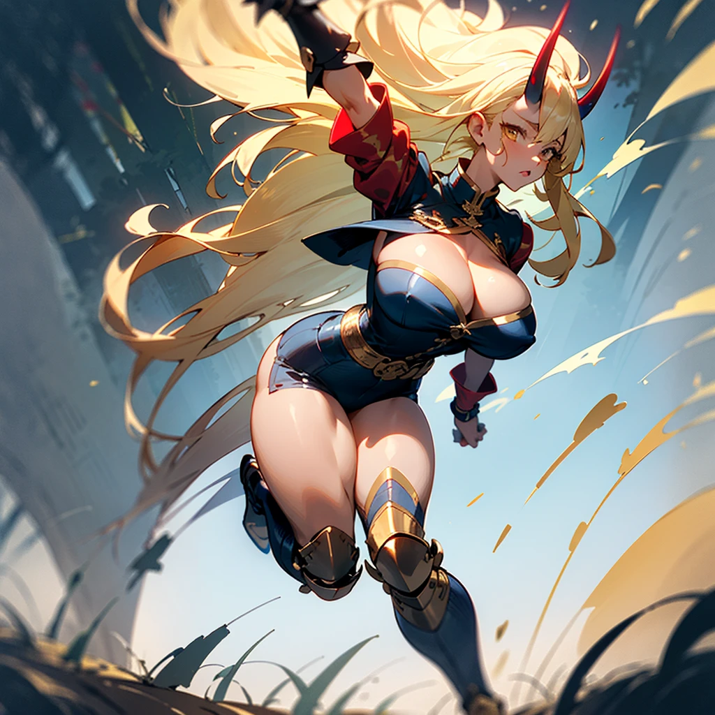 ((best quality)), ((masterpiece)), (detailed), 1girl, 8k_wallpaper, extremely detailed eyes, extremely detailed body, (large masterpiece digital art), ((perfect anatomy huge chest)), (intricate details:1.3 ), (ultra-detailed:1.3), (sharp focus:1.3), (natural lighting:1.05), (vivid colors:1.3), (best quality:1.4), high quality, expressive eyes, full body, tall girl, detailed face, beautiful face, perfect face, detailed ((blonde hair)), (gold eyes), ((large big red and blue horns)), {{dark skin}}, ({dark skinned female}), gigantic breasts, thick thighs, strong arm and leg muscles, strong abdominal muscles, Monster women, Korean women, wearing a modern short black cloth jacket with rolled up sleeves, (wearing heavy gold colored steel armor), a wide red leather belt with blue steel yarn, steel boots, steel thigh guards, running under by the light of the moon through the forest with long daggers in hands against a background of blooming flowers and grass with tall trees,