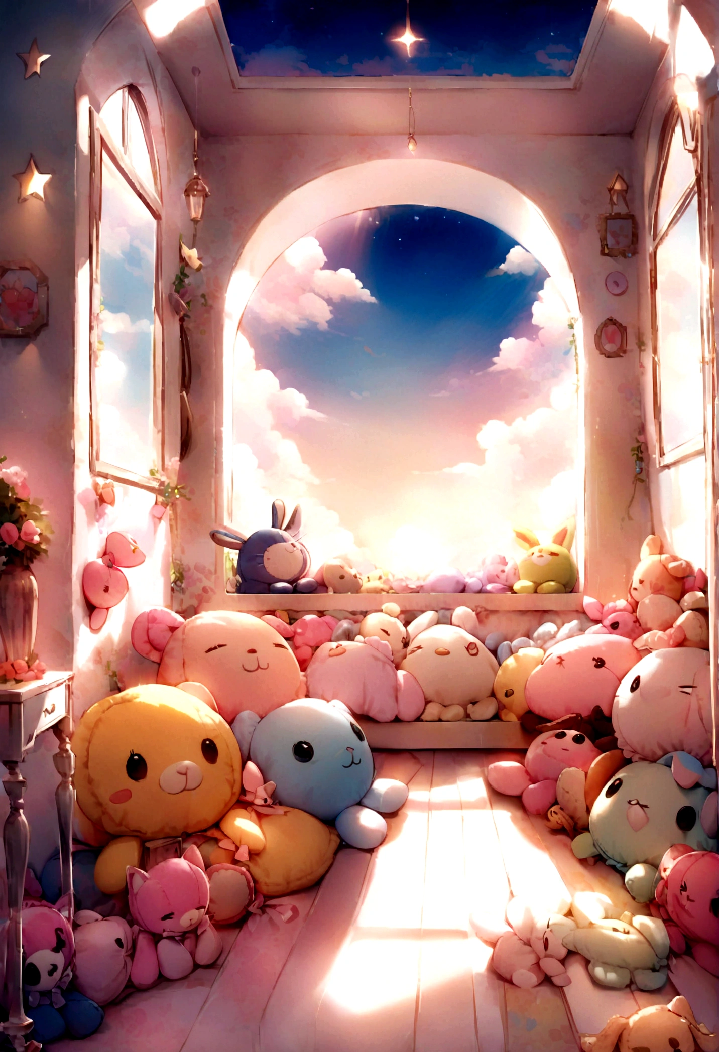 Pink and pastel colors、dreamy lighting、Around((Cute stuffed animals:1.5))、Pleasant atmosphere、Stars shining on the ceiling、Whimsical clouds on the wall、giggle and blush、Happy and peaceful mood、Glorious dreams、Take a look.。