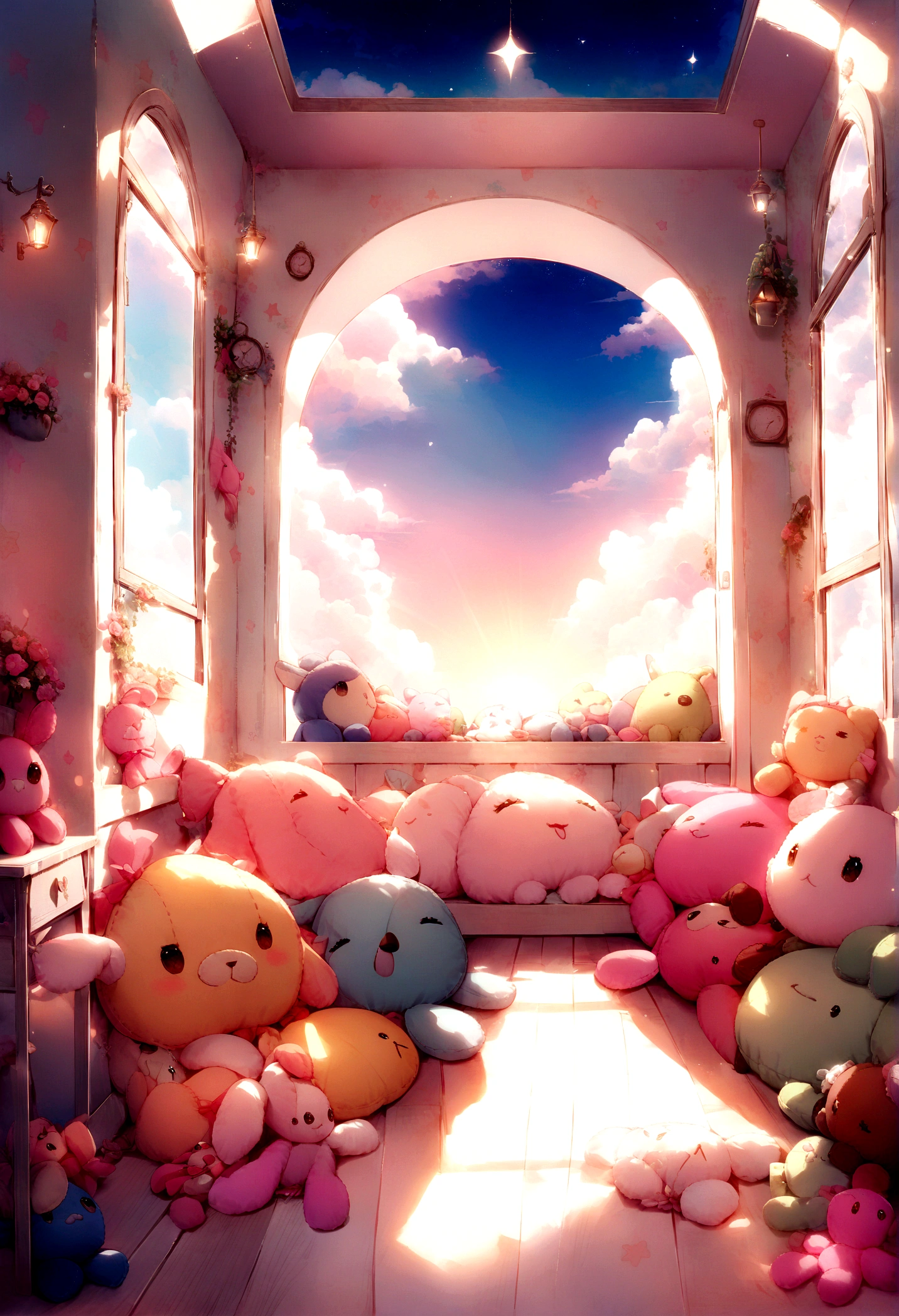 Pink and pastel colors、dreamy lighting、Around((Cute stuffed animals:1.5))、Pleasant atmosphere、Stars shining on the ceiling、Whimsical clouds on the wall、giggle and blush、Happy and peaceful mood、Glorious dreams、Take a look.。