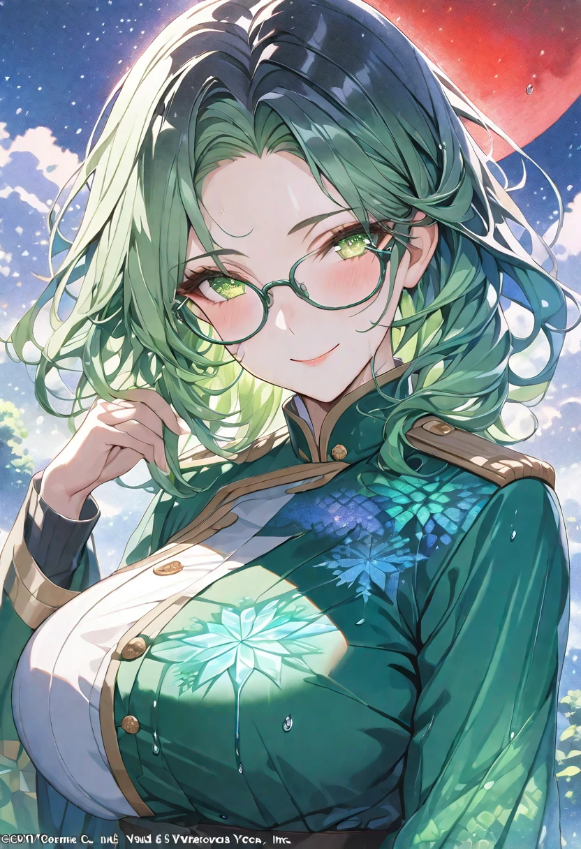 Mature woman, faint smile, big breasts, (Masterpiece, Top Quality, Best Quality, Watercolor (Medium), Official Art, Beautiful and Aesthetic: 1.2), (1 Girl: 1.3), (Fractal Art: 1.3), Star-shaped Pupil, Watching Viewer, Pattern, (Black Hair, Light  Green Hair, Half Green and Half Light Green Hair: 1.2), Blue aura Liquid, Clouds, Colorful, Starry Sky, Stars, Smile, Glasses, Close Up, Rain, Wet, Red Moon, , Glittering Eyes, Wearing Military Uniform, Green Robe.