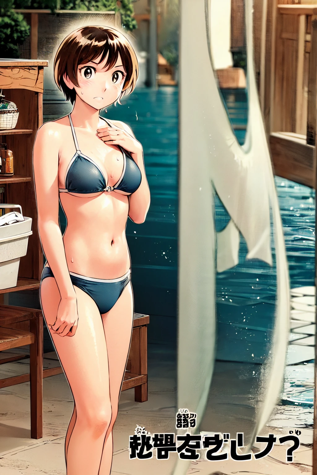 、(masterpiece、Highest quality)、Highest quality, Ultra-high resolution, (((masterpiece))), alone, Sweat、Big eyes, Composition from the front、Shortcuts、Embarrassed face、Bronze colored hair、Cut your hair short、Ocean、beach、Black Micro Bikini、belly button、short hair、(Bronze colored hair)
