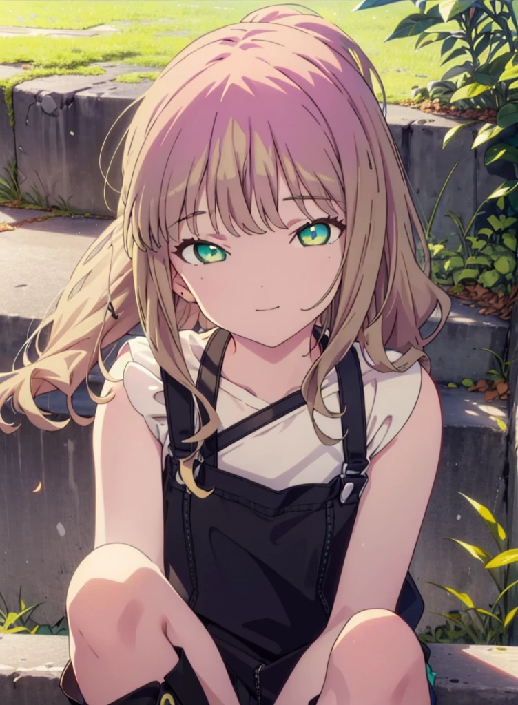 minami yume ,sss Dynazenon ,Long Hair, Brown Hair, (Green Eyes:1.5) ,Center of chest,hair band,ponytail,happy smile, smile, Open your mouth, Blue Tank Top,Overalls,Shorts,short boots,whole bodyがイラストに入るように,Daytime,Clear skies,Sitting on the steps in the park,
break looking at viewer, whole body,(Cowboy Shot:1. 5),
break outdoors, Residential Street,
break (masterpiece:1.2), Highest quality, High resolution, unity 8k wallpaper, (shape:0.8), (Beautiful and beautiful eyes:1.6), Highly detailed face, Perfect lighting, Highly detailed CG, (Perfect hands, Perfect Anatomy),