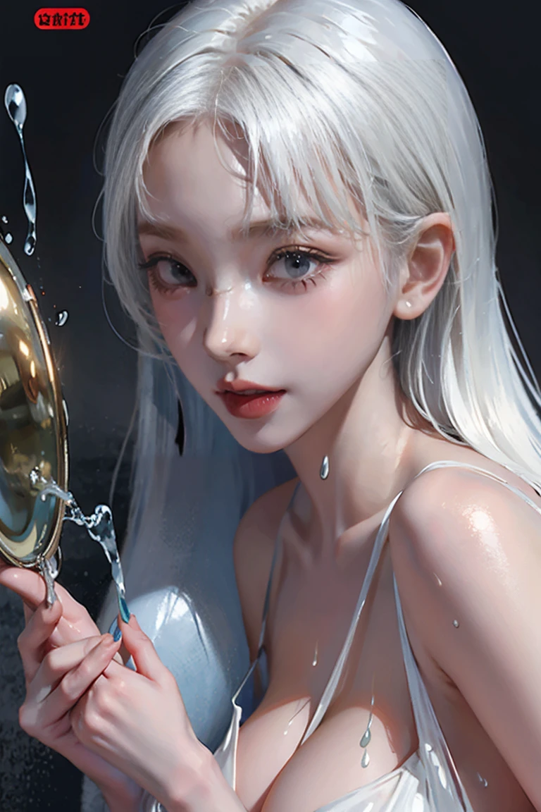 (Large Breasts),topless,Covered in oil, it sparkles, Perfect and detailed appearance, 8K, masterpiece, Super detailed, Highest quality, (oily and slippery:1.9), Perfect fit, Sunburned, wild, Long white hair, (Browsing Caution:1.0)