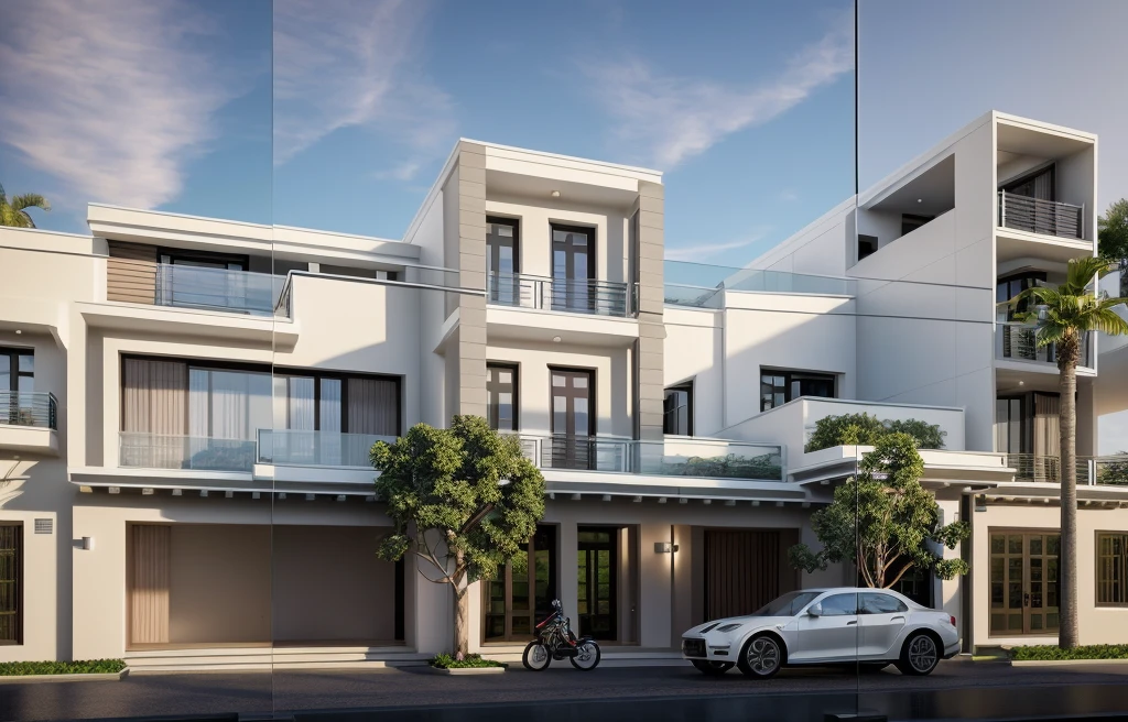 RAW photo,Masterpiece, high quality, best quality, authentic, super detail,
exterior, outdoors, neoclassical style, glass door, glass windown, blue sky,indoor, sofa, tivi, hyperrealistic, orante, super detailed, intricate, dramatic, sunset lighting, shadows, high dynamic range,
bieshu,a two story white house with windows and balconies, scenery,trees,garden,black Hip roof,black roof and evaes ,white Villa facade design, unreal engine 5 highly rendered, photorealism, a digital rendering, architecture, building,masterpiece,best quality,super detailed,realistic,photorealistic, 8k, sharp focus,cloud, LAOWANG,