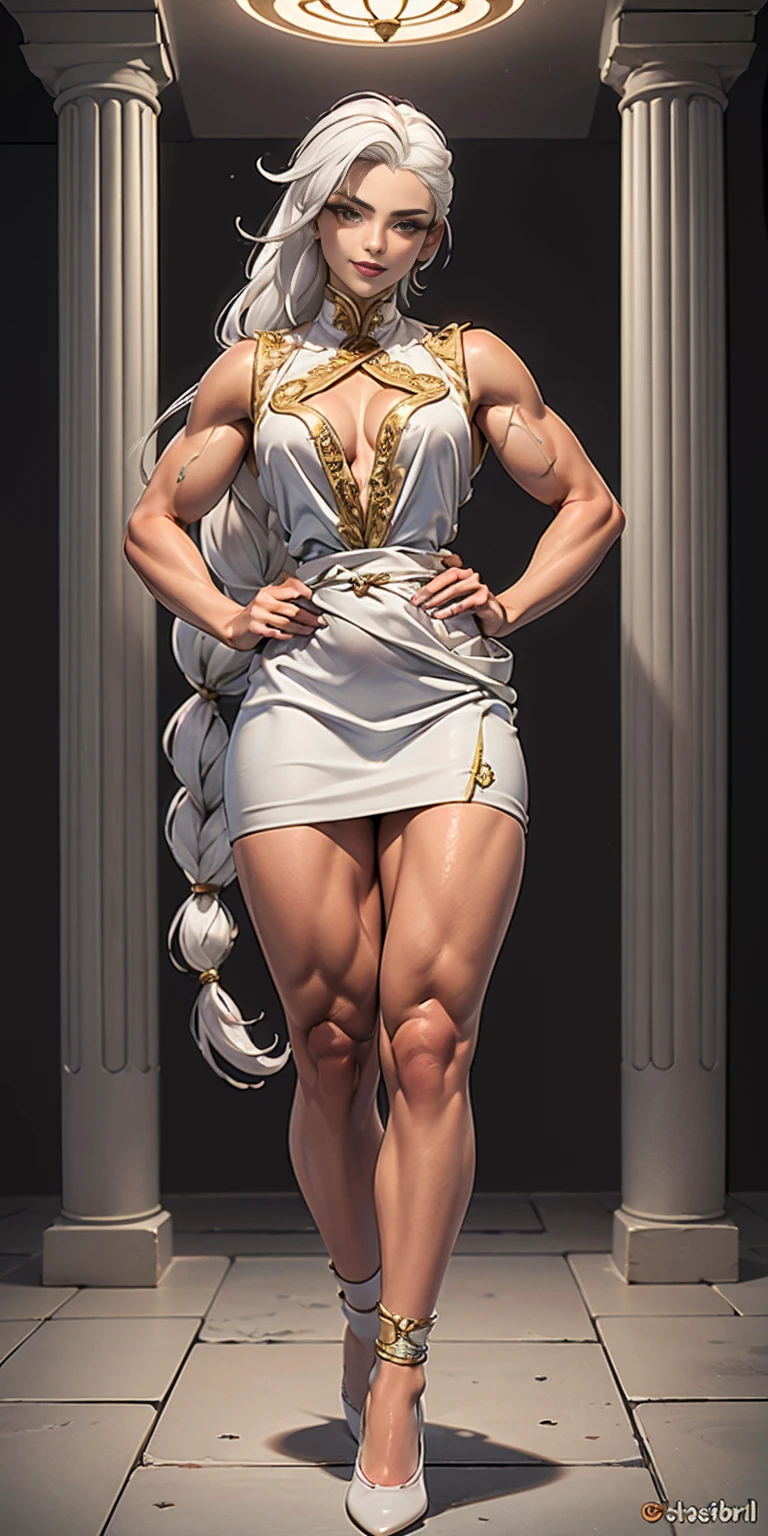 (masterpiece, best quality), intricate details, 1girl, Bridesmaid Muscular full body woman White hair White braid Motherly body smile Porcelain skin Red heels with feet together Long hair Hands on waist Navel Strong abs Direct look Perfect lighting Masterpiece High quality (good hands, best hands)
