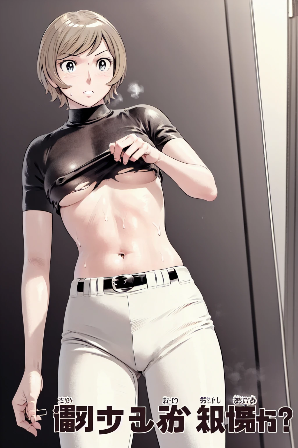 (野球uniform:1.2),
Blonde, (short hair:1.2),Long sleeve, Black Shirt, turtleneck,White trousers、uniform、Black belt、((Illustration of a person))、big 、
View your viewers,, (Highest quality:1.3),One Girl, White pants、uniform、Outdoor、baseball ground、ground、soil、blue eyes、Tight black shirt、(masterpiece、Highest quality)、Highest quality, Ultra-high resolution, (((masterpiece))), alone, Sweat、big eyes、big Breasts、Torn clothes、 fully exposed、Nipples、One Girl, Front view、Embarrassed face、Bronze colored hair、((short hair))、Stand up straight、Cowboy Shot
