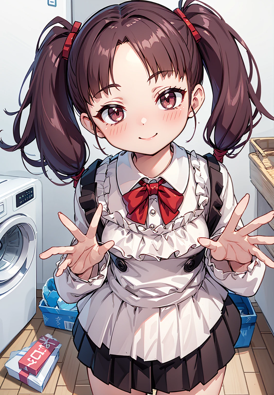 One Girl,
Laundry room,washing machine, Laundry basket, a few underwears are in a , {{{Half Twin Tail:1.3}}}、BREAK,blush, bow, Red Bow, Long sleeve, shirt, Collared shirt, Pleated skirt, Small breasts,
{{{Face close-up}}},Upper Body,,Check out the lace panties,High quality underwear,
Looking down,View your audience,
Lace panties as a gift,
Tabletop, Highest quality, , absurdes, Perfect Skin, Detailed skin texture, Super detailed, 8K, Intricate details, Beautifully detailed face,High resolution,
{{{Shadowed face}}}, mock, smile, Looking down at the viewer, masterpiece,absurdes, Beautiful detailed face seen from the front,mesugaki