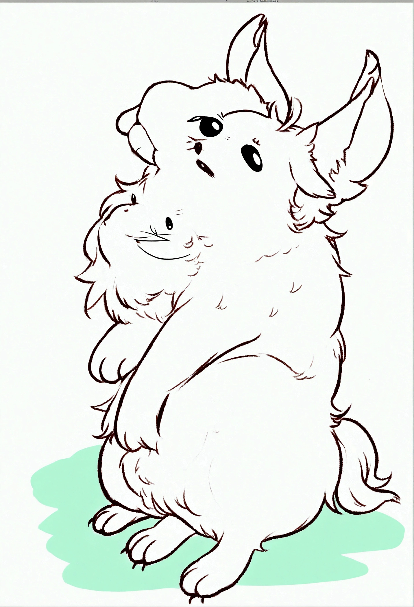 yeh, black andwhite, for drawing, thin-lines, feral, estilo fluffly, fully body, profile body, 4-legged, fluffly, average size, Puppy