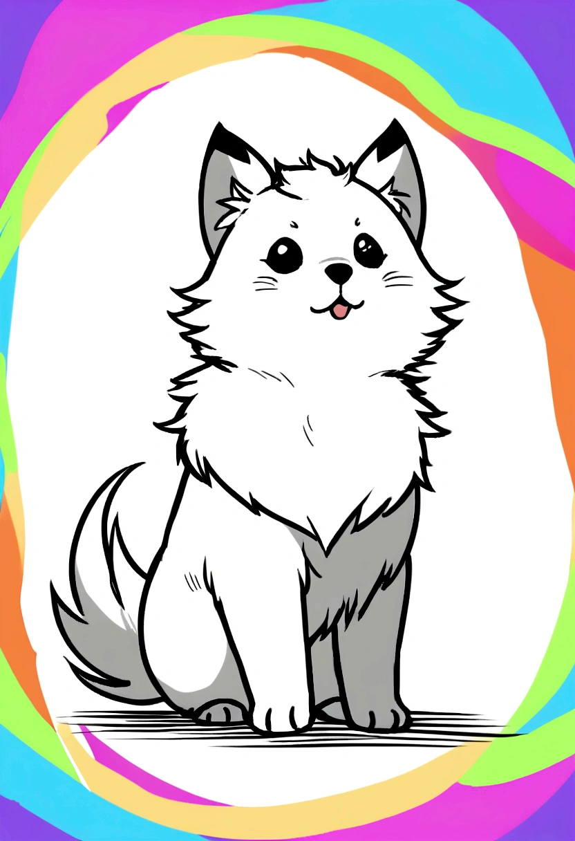 yeh, black andwhite, for drawing, thin-lines, feral, estilo fluffly, fully body, profile body, 4-legged, fluffly, average size, Puppy