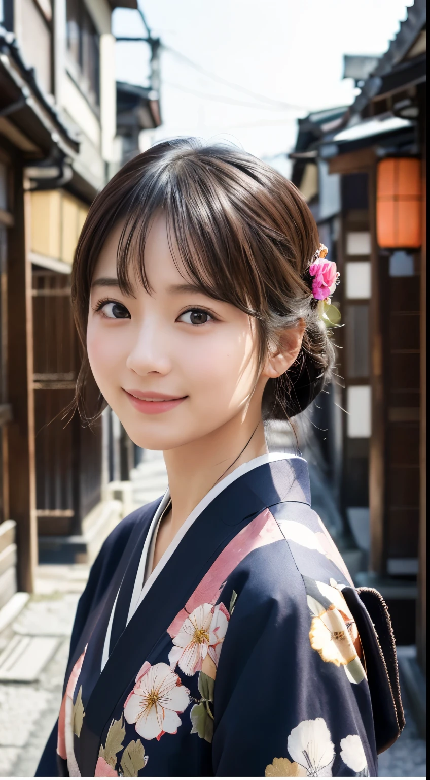Professional Lighting,(Realistic:1.4), (Top image quality:1.0), (超High resolution:1.0), 8K, Raw photography, (masterpiece:0.2), (Dealing with the Children_v1:0.5)、(最高quality Detail:1.2)、Realistic、8K Ultra HD、High resolution、(1 Girl:1.2)、超detailedな、High quality textures、複雑なdetailed、detailed、Very detailed CG、High quality shadows、detailed 美しく繊細な顔、Beautiful details and a delicate eye、(Symmetrical eyes:1.2),Written boundary depth、Ray Tracing,1 Girl, Japanese Girls, (Natural smile:1.4),cute, thin, Portrait of a beautiful Japanese woman in a kimono, Standing elegantly on a street corner in Kyoto. Kimono with vibrant traditional patterns, Hair decorated with elegant and delicate hairpins, Gentle expression. (With the old streets of Kyoto in the background:1.4)、The soft light of a spring afternoon、Adding tranquility to the scene. Rendered in a Realistic style with great attention to detail, High resolutionの画像.Sky Porn, Magic Hour, (Realistic:1.3), finely, quality, (Tabletop:1.2), (Realistic:1.2), (最高quality), (複雑なdetailed), dramatic, Ray Tracing, photograph, +roller