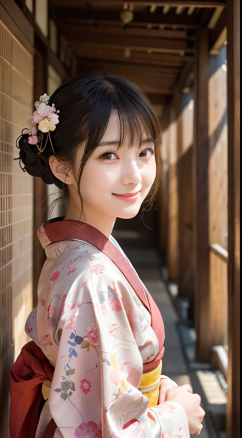 Professional Lighting,(Realistic:1.4), (Top image quality:1.0), (超High resolution:1.0), 8K, Raw photography, (masterpiece:0.2), (Dealing with the Children_v1:0.5)、(最高quality Detail:1.2)、Realistic、8K Ultra HD、High resolution、(1 Girl:1.2)、超detailedな、High quality textures、複雑なdetailed、detailed、Very detailed CG、High quality shadows、detailed 美しく繊細な顔、Beautiful details and a delicate eye、(Symmetrical eyes:1.2),Written boundary depth、Ray Tracing,1 Girl, Japanese Girls, (Natural smile:1.4),cute, thin, Portrait of a beautiful Japanese woman in a kimono, Standing elegantly on a street corner in Kyoto. Kimono with vibrant traditional patterns, Hair decorated with elegant and delicate hairpins, Gentle expression. (With the old streets of Kyoto in the background:1.4)、The soft light of a spring afternoon、Adding tranquility to the scene. Rendered in a Realistic style with great attention to detail, High resolutionの画像.Sky Porn, Magic Hour, (Realistic:1.3), finely, quality, (Tabletop:1.2), (Realistic:1.2), (最高quality), (複雑なdetailed), dramatic, Ray Tracing, photograph, +roller