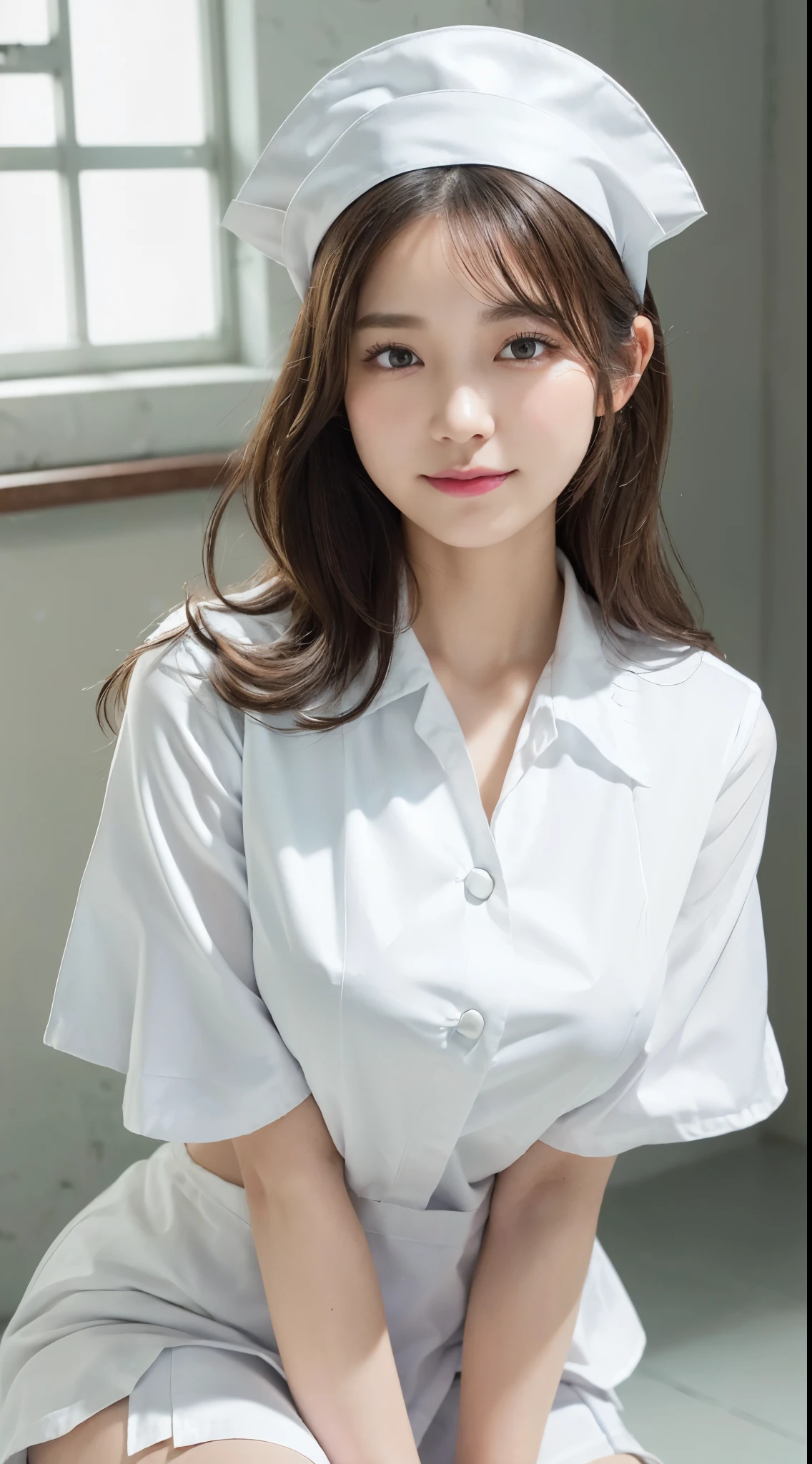 Innocent ,huge breasts:1.2,clea breasts:1.2shot:1.3) (wrse uniform:1 White short skirt:1.5),(White nurse hat:1.5),(white nurse pumps:1.5), (squatting:1.3)、Angle:1.2、(hands down:1.5)、The background is a hospital room.、laugh,shortcut、raw photo, (8K、top quality、masterpiece:1.2)、(intricate details:1.4)、(realistic:1.4)、octane rendering、Highly detailed representation of complex 3D renderings, studio soft light, rim light, vivid details, super detailing, realistic skin texture, detail face, Beautiful eye for detail, Highly detailed CG Unity 16k wallpaper, assembly, (detailed background:1.2), glowinkin, whole body,Squat down and bend your knees.