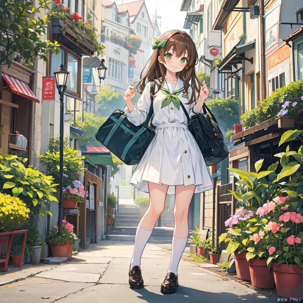 kawaii, anime, Cute, hyper quality, highly detailed, 16k, Front facing, Clarity, full body, smile, one girl, long brown hair, green eyes, uniform, , carry a school bag, in town, find one bird, brown kiwi bird, Kiwi bird is on the ground, holding a kiwi bird, kiwi bird, A town where flowers are planted,