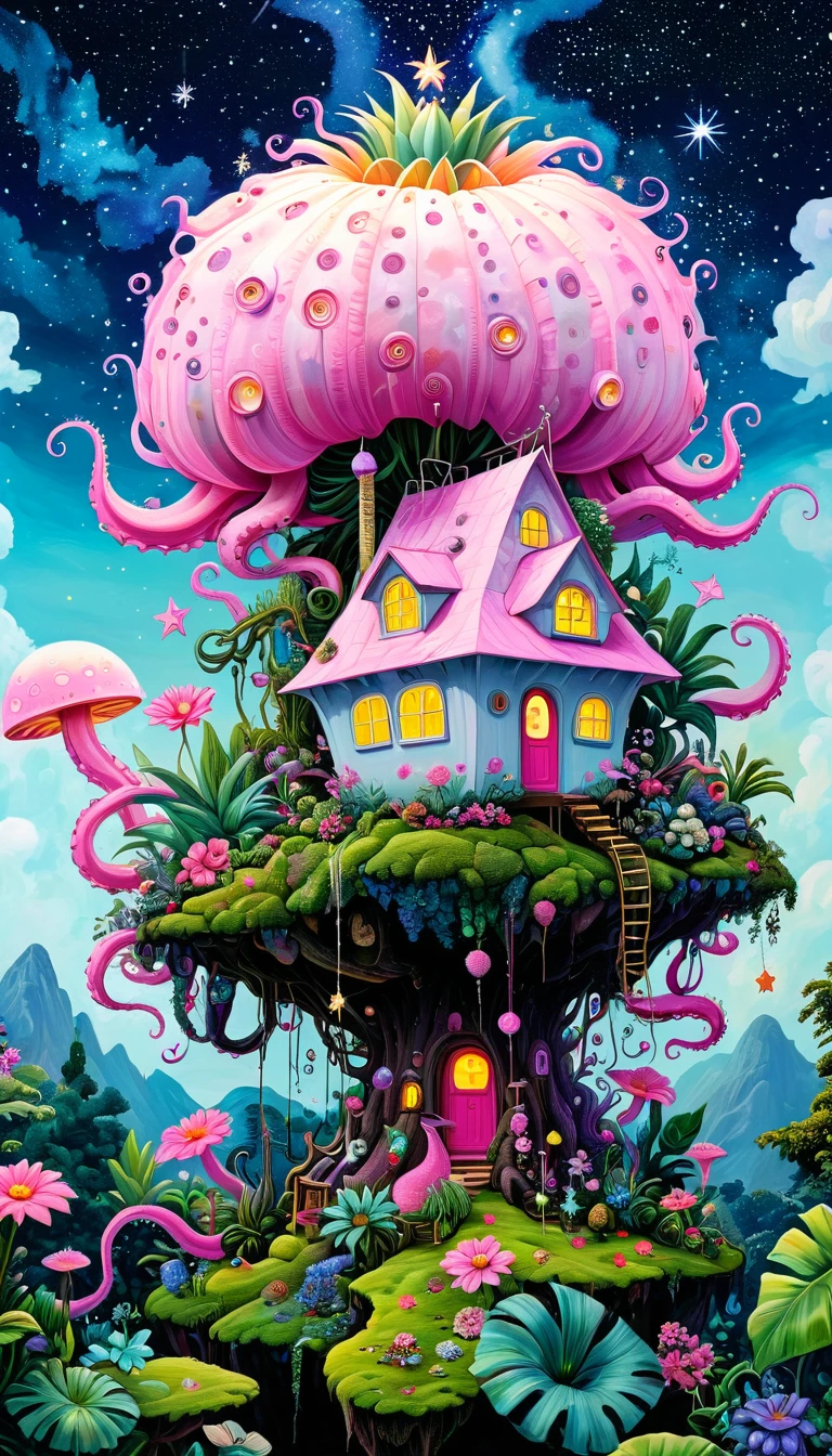 Pink hollow pineapple house on the tree top,The hut glows,(((plant,flower,Tentacles,Eye、Starry Sky,Stitching together an abstract painting))),Describing the inner world of autistic people,(((Sense of space,White Space))),interesting,Innocence,Psychedelic Art,Pink theme