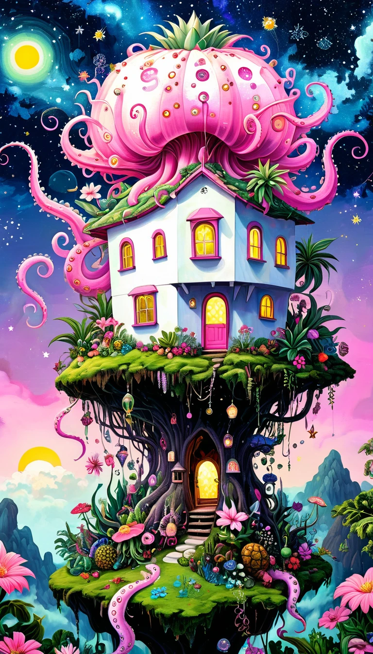 Pink hollow pineapple house on the tree top，The hut glows，(((plant，flower，Tentacles，Eye、Starry Sky，Stitching together an abstract painting)))，Describing the inner world of autistic people，(((Sense of space，White Space)))，interesting，Innocence，Psychedelic Art，Pink theme