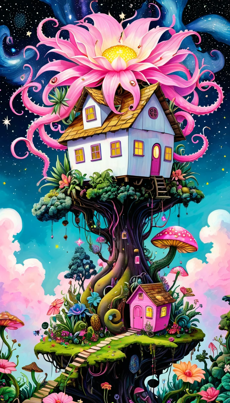 Pink hollow pineapple house on the tree top，The hut glows，(((plant，flower，Tentacles，Eye、Starry Sky，Stitching together an abstract painting)))，Describing the inner world of autistic people，(((Sense of space，White Space)))，interesting，Innocence，Psychedelic Art，Pink theme