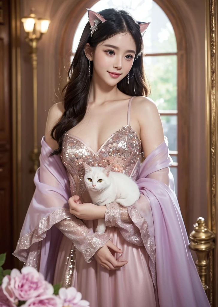 Diffuse lighting、 Highest quality, High resolution, unity 8k wallpaper、Supersaturation, Colorful, fairy tale, dream-like, Movie-like characters, oil, 3d, 8K resolution, Sequins, Sparkling, moonlight, Close-up portrait adorable,Too cute cat, Fine grain, Large, round, reflective eyes,Dreamland、pastel colour、pleasant to the touch、Facing forward、smile、full moon、Mysterious Flower、Beautiful cat、cute cat、猫のInside the castle、Inside the castle、Standing、turn around、Look away、