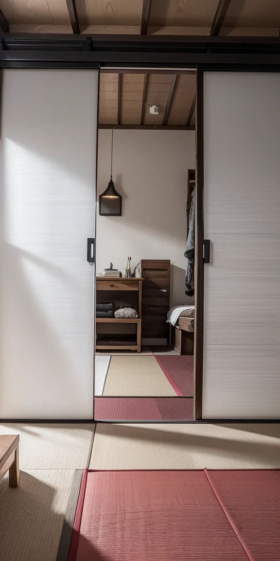 Tatami mats: Frau nackt auf Tatami mats in einem traditionellen japanischen Raum, surrounded by sliding doors.