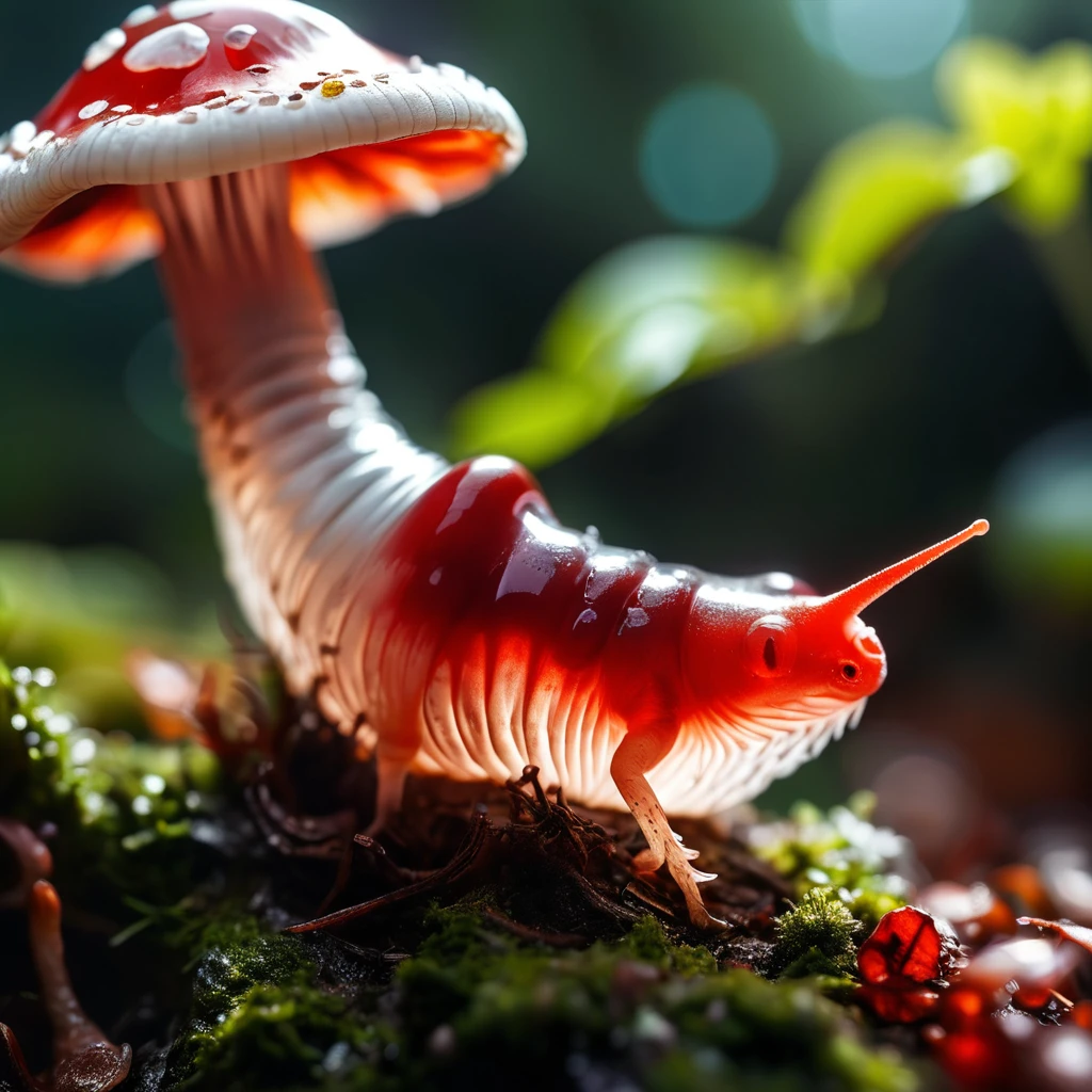 hyperrealistic extreme closeup macro photography, slimy translucent slug crawling on top of red and white mushroom, cinematic lighting, insane details, 64 megapixel DSLR