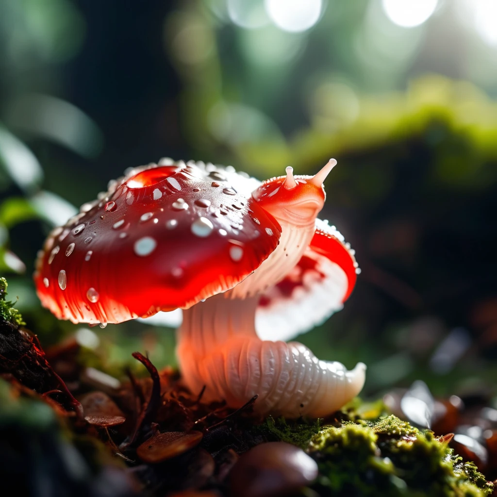 hyperrealistic extreme closeup macro photography, slimy translucent slug crawling on top of red and white mushroom, cinematic lighting, insane details, 64 megapixel DSLR