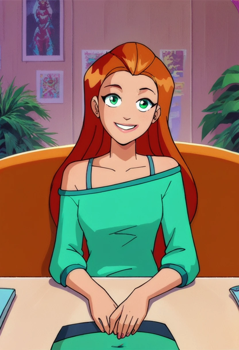 score_9, score_8_up, score_7_up, 
1girl, sam ts, long hair, orange hair, green eyes, 

sitting, pov, across table, looking at viewer, smile, pretty,

green shirt, off-shoulder shirt, bra strap, 