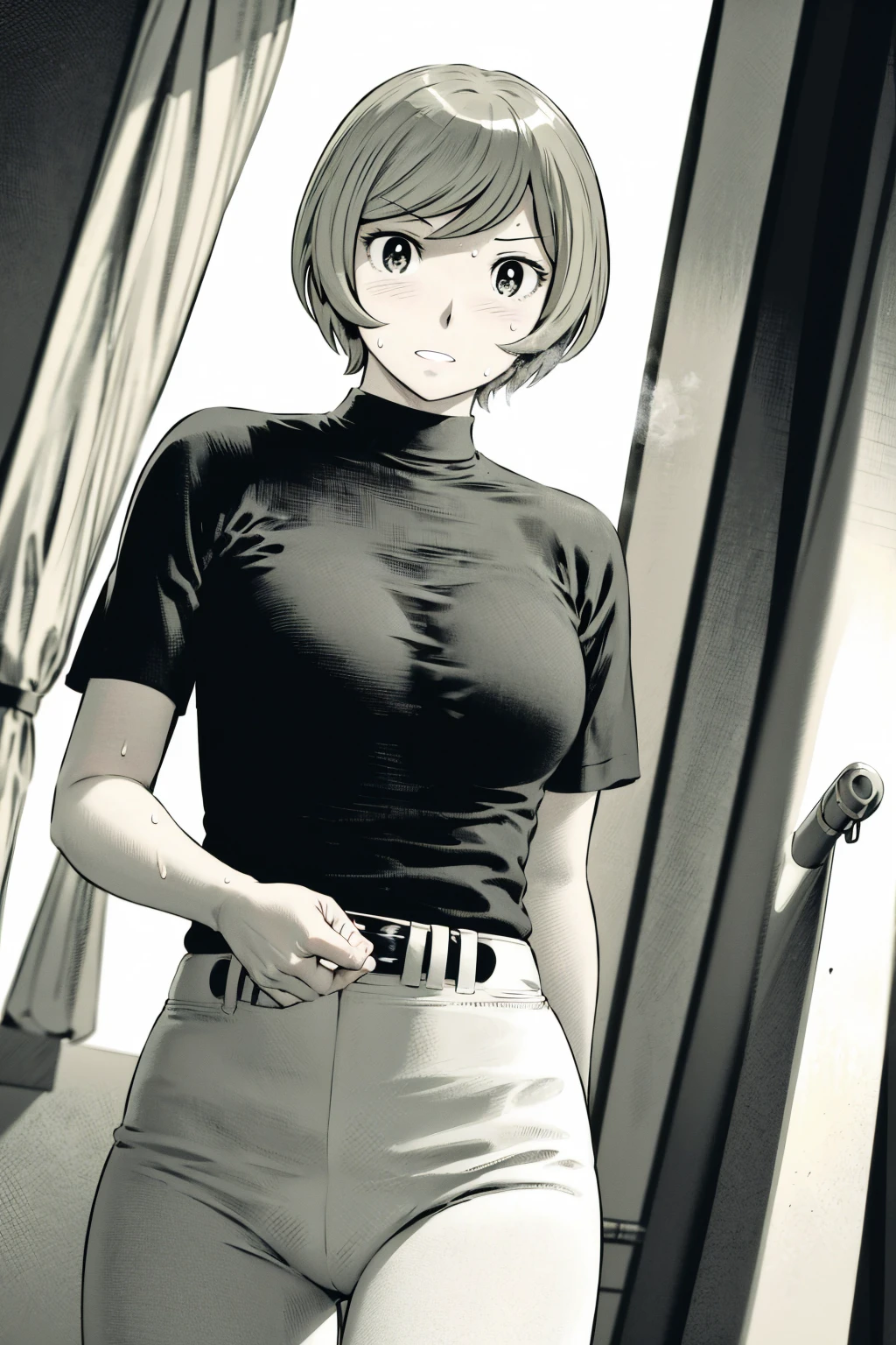 、(masterpiece、Highest quality)、Highest quality, Ultra-high resolution, (((masterpiece))), alone, Sweat、Big eyes,Tight black shirt、Tight white pants、belt、indoor、Composition from the front、(Cut the back hair short、short hair、blonde、woman)、Shortcuts、Embarrassed face、Cut your hair short、可愛いwomanの子、Big Breasts、office