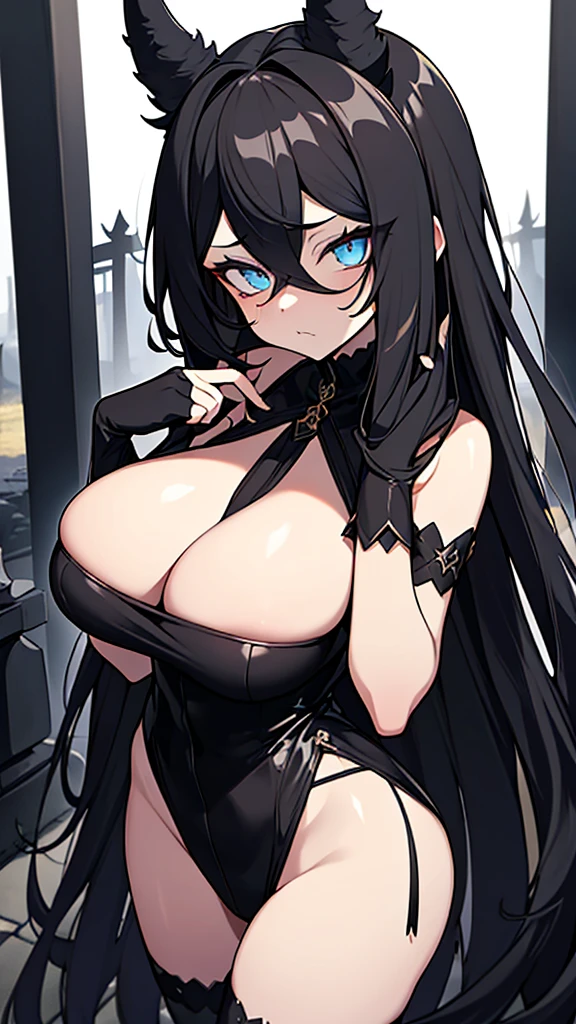 1goat woman,golden horns, goat ears, goat tail, very long curly black hair, perfect eyes, gothic makeup, blue eyes, black lipstick, angry face, gothic clothing, long black low-cut dress with white details, long black fingerless gloves, long white stockings, black boots, black spear with white details on the hand, big breasts, big ass, cemetery background