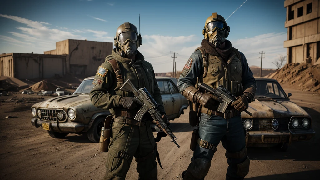 fallout series theme, skimpy, weapons, guns, lasers, dog, wasteland, drinks, car, smoke, metal armor, gloves, gun, pistol, helmet, goggles, pose, rags, bgmi best quality photography
