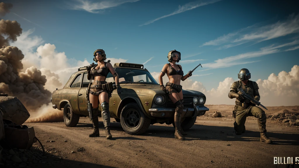 fallout series theme, skimpy, weapons, guns, lasers, dog, wasteland, drinks, car, smoke, metal armor, gloves, gun, pistol, helmet, goggles, pose, rags, bgmi best quality photography