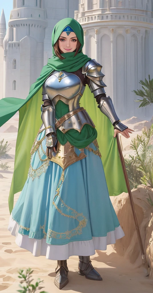 masterpiece, best quality:1.2), 1girl, smile, looking at viewer, green eyes, short brown hair, princess, armor, blue hijab headscarf, pauldrons, armored dress, green cloak cape, wearing puffy blue ballgown skirt, armored boots, fingerless gloves, standing in front of desert castle
