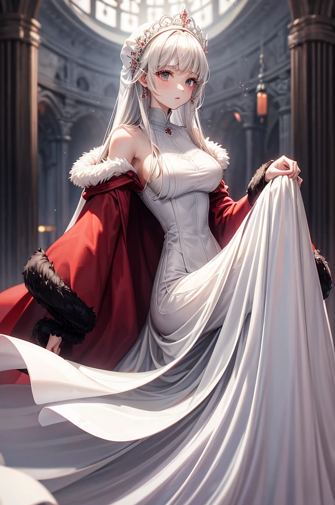 White and red medieval dress, Super voluminous skirt, Round Princess Skirt, High throat, Cover the body from neck to toe, Covered neck, Wearing a long black fur jacket, white, translucent, A soft dress,