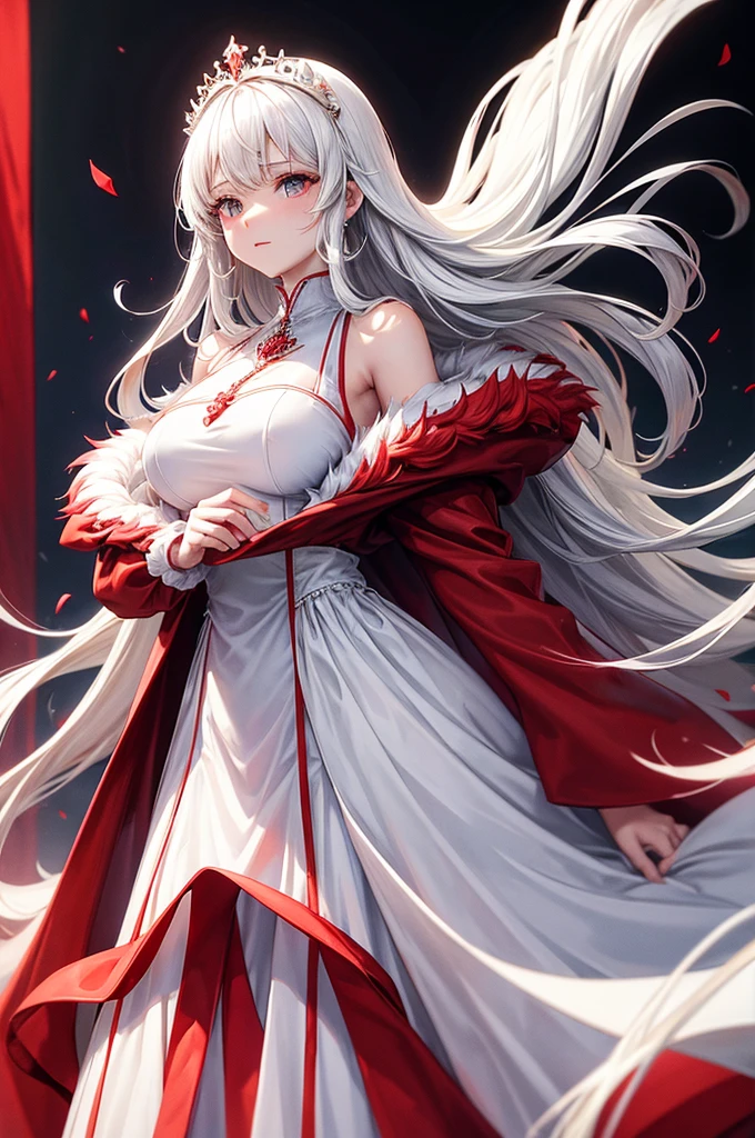 White and red medieval dress, Super voluminous skirt, Round Princess Skirt, High throat, Cover the body from neck to toe, Covered neck, Wearing a long black fur jacket, white, translucent, A soft dress, 