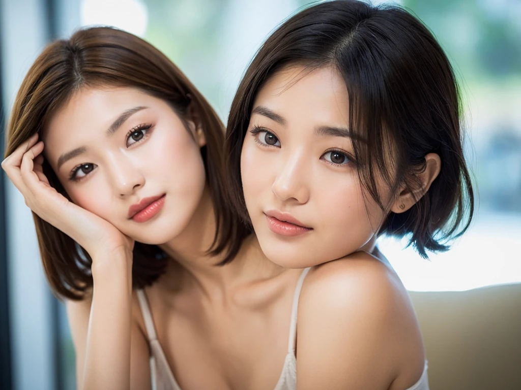 A 20 year old Asian girl, Off-shoulder,Short sleeve,very short bob,Beautiful and tall nose,nose close-up,Hydrating and compact lips,Have beautiful double eyelids,Fair and delicate skin,looking towards the audience,Studio photography,Smile,Look to the other side of the camera,The hand torso conforms to the normal human body structure,The painting surface is bright,The picture is three-dimensional,Background in a sunny indoor studio,Simple blurred background,She is as beautiful, elegant and confident as a model,charming,There is only one woman in the picture,Focus on the outline of the eyes,Beautiful eye tail,Facing the light source,high quality,Super fine