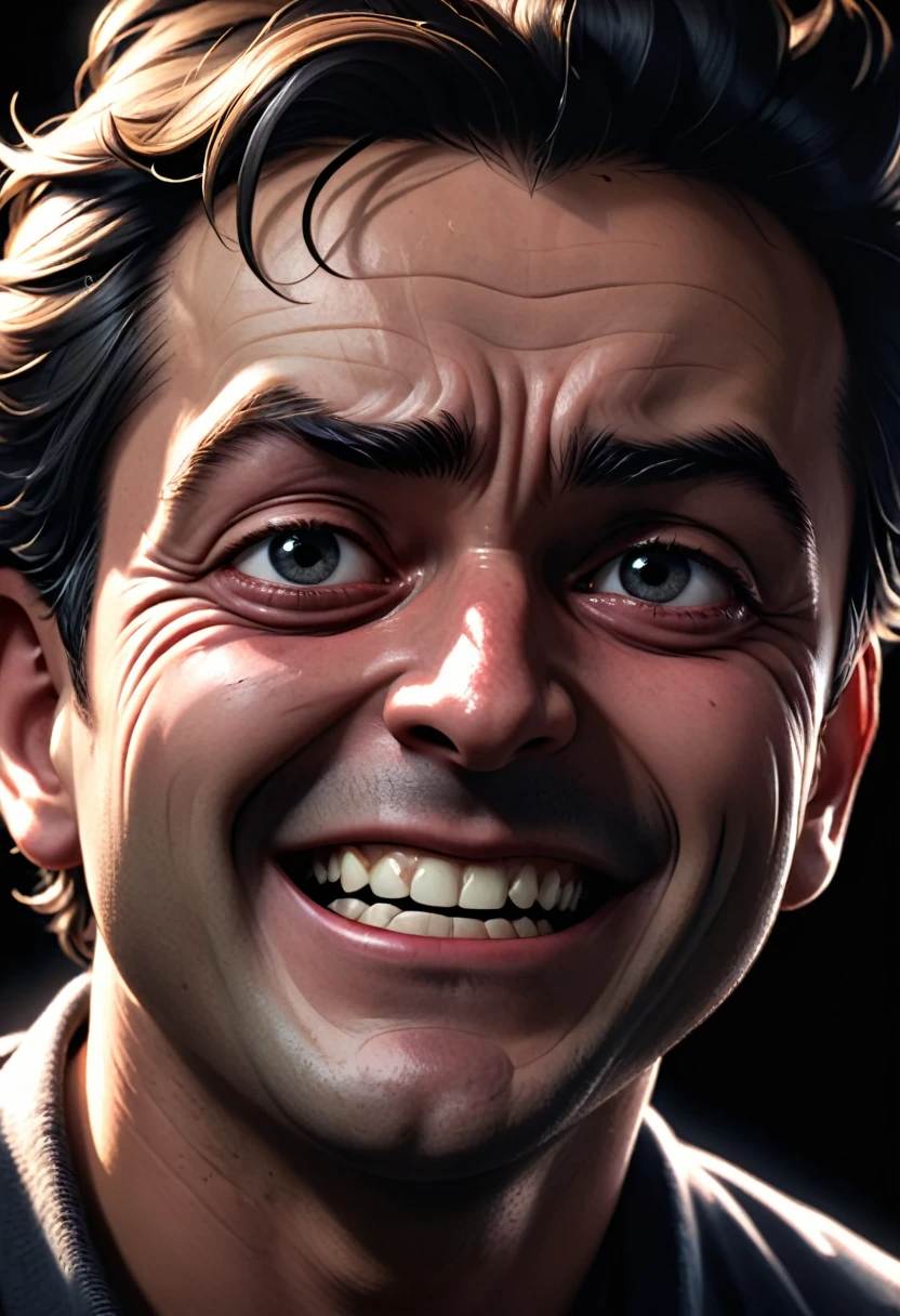 a mad man, closeup of face, half his face laughing, the other half crying, highly detailed, photorealistic, 8k, HDR, chiaroscuro lighting, dramatic lighting, deep shadows, intense emotional expression, cinematic, unsettling, psychological horror