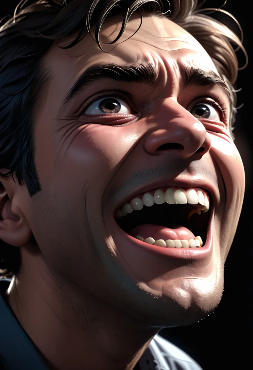 a mad man, closeup of face, half his face laughing, the other half crying, highly detailed, photorealistic, 8k, HDR, chiaroscuro lighting, dramatic lighting, deep shadows, intense emotional expression, cinematic, unsettling, psychological horror