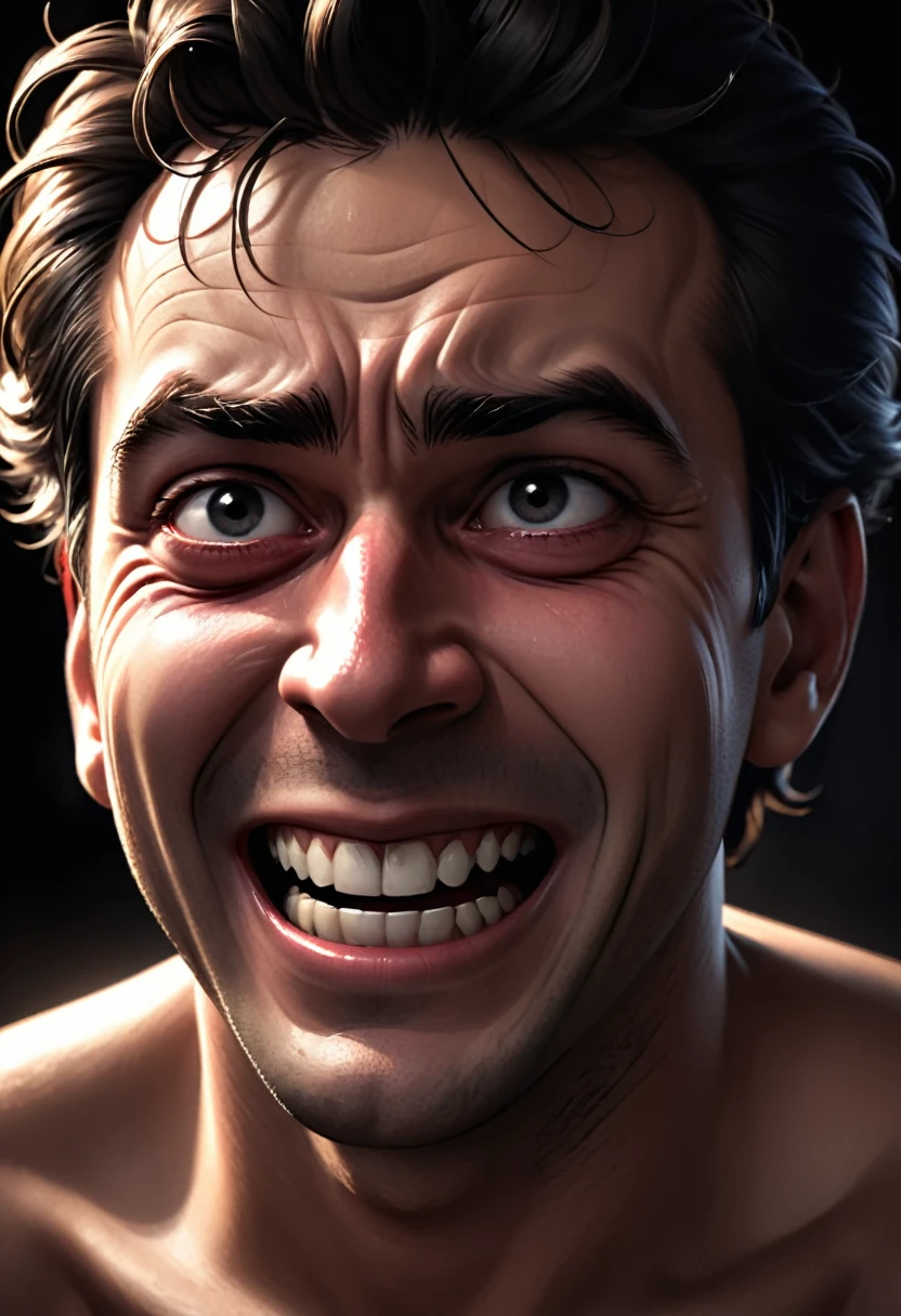 a mad man, closeup of face, half his face laughing, the other half crying, highly detailed, photorealistic, 8k, HDR, chiaroscuro lighting, dramatic lighting, deep shadows, intense emotional expression, cinematic, unsettling, psychological horror