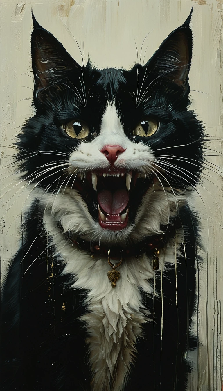 Close up of a black and white cat with an evil human grin on its face 