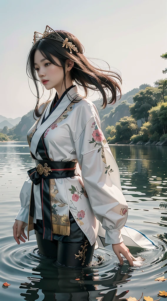 32ก(Masterpiece,KHD,Hyper HD,32ก)ผมcolorดำยาวสลวย,pond,in full bloom, color, Suzhou people (stupid girl), (silk scarf), fighting posture, looking at the ground, long white hair, floating hair, Carp pattern headdress, Chinese silk clothing, long sleeves, (abstract ink splash:1.2), พื้นหลังกลีบcolorชมพู,ดอกบัวcolorชมพูและcolorขาวบิน(realistically:1.4),ผมcolorดำ,Autumn leaves sway,The background is pure., High resolution, details, RAW photos, Sharp Re, Nikon D850 film stock photo by Jefferies Lee 4 Kodak Portra 400 F1 camera.6 shots, colorสันที่หลากหลาย, พื้นผิวที่สดใสrealisticallyเป็นพิเศษ, incredible light, Unreal Engine Art Station Trends, Sinestir 800,ผมcolorดำยาวสลวย