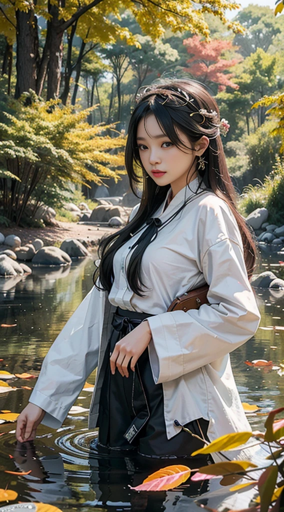 32ก(Masterpiece,KHD,Hyper HD,32ก)ผมcolorดำยาวสลวย,pond,in full bloom, color, Suzhou people (stupid girl), (silk scarf), fighting posture, looking at the ground, long white hair, floating hair, Carp pattern headdress, Chinese silk clothing, long sleeves, (abstract ink splash:1.2), พื้นหลังกลีบcolorชมพู,ดอกบัวcolorชมพูและcolorขาวบิน(realistically:1.4),ผมcolorดำ,Autumn leaves sway,The background is pure., High resolution, details, RAW photos, Sharp Re, Nikon D850 film stock photo by Jefferies Lee 4 Kodak Portra 400 F1 camera.6 shots, colorสันที่หลากหลาย, พื้นผิวที่สดใสrealisticallyเป็นพิเศษ, incredible light, Unreal Engine Art Station Trends, Sinestir 800,ผมcolorดำยาวสลวย