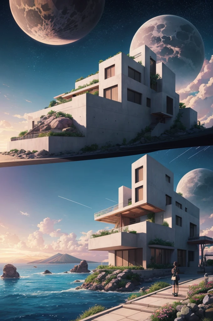 anime (best-quality:0.8), (best-quality:0.8), perfect anime illustration, we've been trying to reach you about your cars extended warranty, An illustration in collage style, with giant boulders, brutalist building sections, terraces, stairs, cacti, agave, concrete texture, multiple geometric shapes, hatch and cross hatching, planet saturn, volcano, moon, Luis Barragán's architectural style build, milky way galaxy, violet, one motorcycle, An illustration in collage style, with giant boulders, brutalist building sections, stairs, cacti, agave, concrete texture, multiple geometric shapes, hatch and cross hatching, planet saturn, volcano, moon, Luis Barragán's architectural style build, reflective pool, terraces. An elegant and modern build, in top of big boulders, with terraces, materials concrete, wood, steel and crystal, various gardens with tropical vegetation, cacti and rocks, stairs, a pool. In middle of sea, a big wave near, sunset, mountains and a volcano in the horizont, cute islands around, illustration format, cute color palette, detailed, masterpiece, award-winning work A 1999 Nissan GTR in Tron form r34 horizonte Lamborghini under a pink and purple sky, an anime drawing by Makoto Shinkai, trending on pixiv, magical realism, beautiful anime scene, cosmic skies. by makoto shinkai, ( ( makoto shinkai ) ), by makoto shinkai, anime background art, style of makoto shinkai