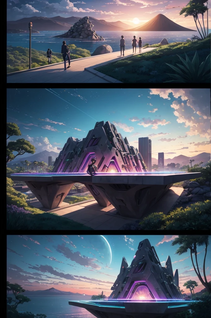 anime (best-quality:0.8), (best-quality:0.8), perfect anime illustration, we've been trying to reach you about your cars extended warranty, An illustration in collage style, with giant boulders, brutalist building sections, terraces, stairs, cacti, agave, concrete texture, multiple geometric shapes, hatch and cross hatching, planet saturn, volcano, moon, Luis Barragán's architectural style build, milky way galaxy, violet, one motorcycle, An illustration in collage style, with giant boulders, brutalist building sections, stairs, cacti, agave, concrete texture, multiple geometric shapes, hatch and cross hatching, planet saturn, volcano, moon, Luis Barragán's architectural style build, reflective pool, terraces. An elegant and modern build, in top of big boulders, with terraces, materials concrete, wood, steel and crystal, various gardens with tropical vegetation, cacti and rocks, stairs, a pool. In middle of sea, a big wave near, sunset, mountains and a volcano in the horizont, cute islands around, illustration format, cute color palette, detailed, masterpiece, award-winning work A 1999 Nissan GTR in Tron form r34 horizonte Lamborghini under a pink and purple sky, an anime drawing by Makoto Shinkai, trending on pixiv, magical realism, beautiful anime scene, cosmic skies. by makoto shinkai, ( ( makoto shinkai ) ), by makoto shinkai, anime background art, style of makoto shinkai