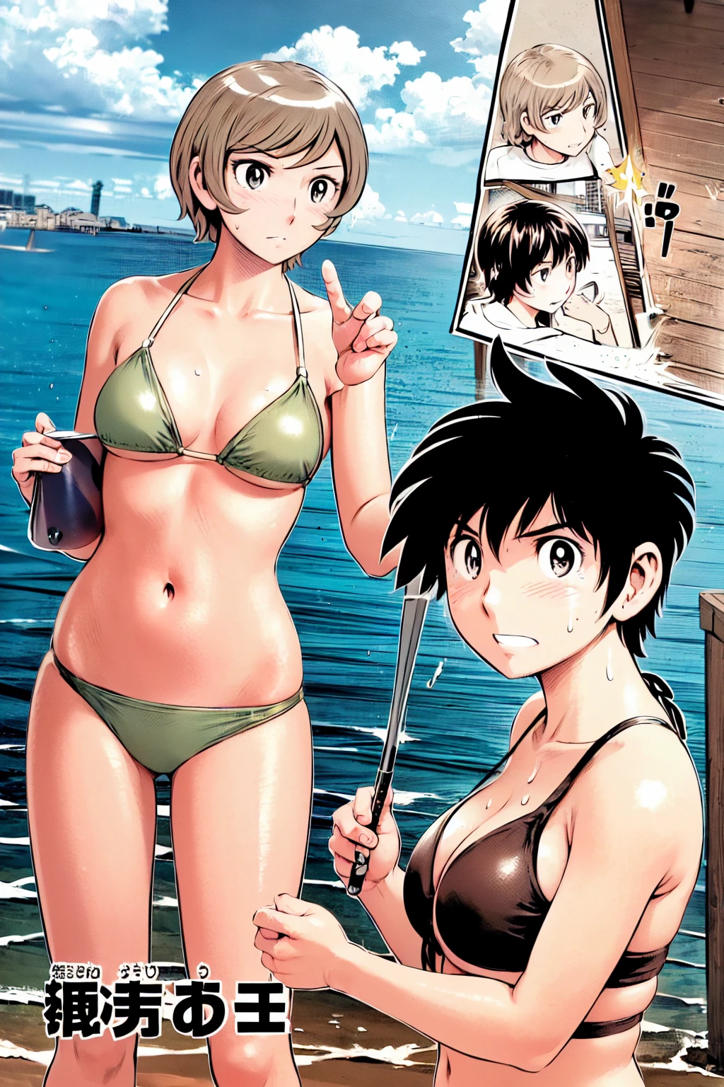 、(masterpiece、Highest quality)、Highest quality, Ultra-high resolution, (((masterpiece))), alone, Sweat、Big eyes, Composition from the front、Shortcuts、Embarrassed face、Bronze colored hair、Cut your hair short、Ocean、beach、Black Micro Bikini、belly button、short hair、(Bronze colored hair)