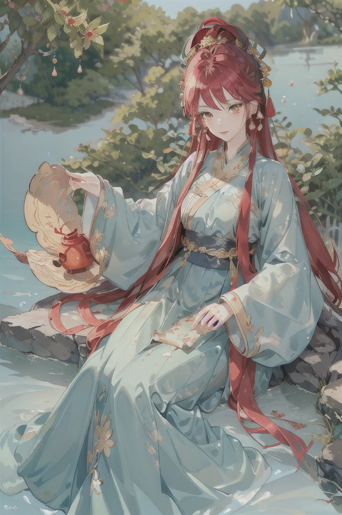 best quality, intricate details, highres,(beautiful detailed water:1.4),(hanfu, tang style),{{{red and yellow eyes}}}, {{{long red hair}}},{{{ she is into the glass Jair}}},(1girl in glass jar:1.1),