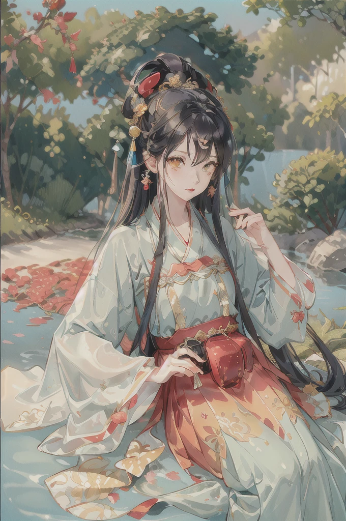 best quality, intricate details, highres,(beautiful detailed water:1.4),(hanfu, tang style),{{{red and yellow eyes}}}, {{{long red hair}}},{{{ she is into the glass Jair}}},(1girl in glass jar:1.1),